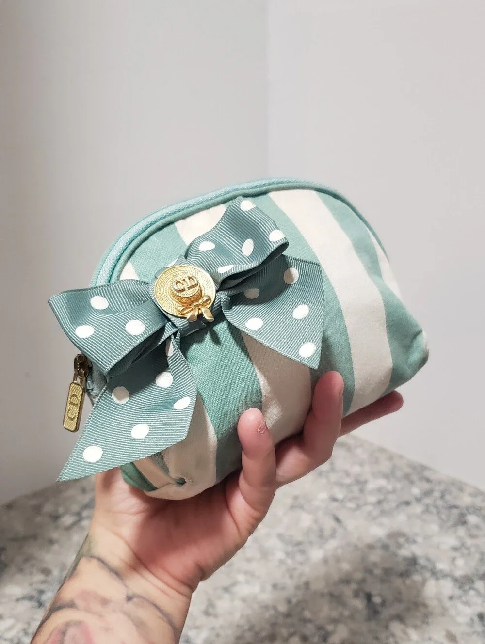 Christian Dior Green Stripe Cosmetic Polka-dot Bow Pouch with Gold Tone CD pin